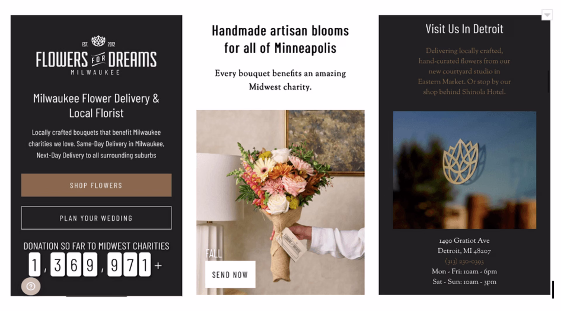 [visual] Snapshots of Flowers for Dreams’ landing pages for Milwaukee, Minneapolis, and Detroit