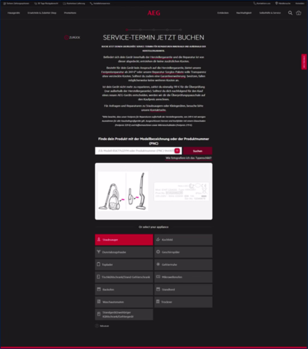 [Screen shot] Electrolux repair service page’s variant test design